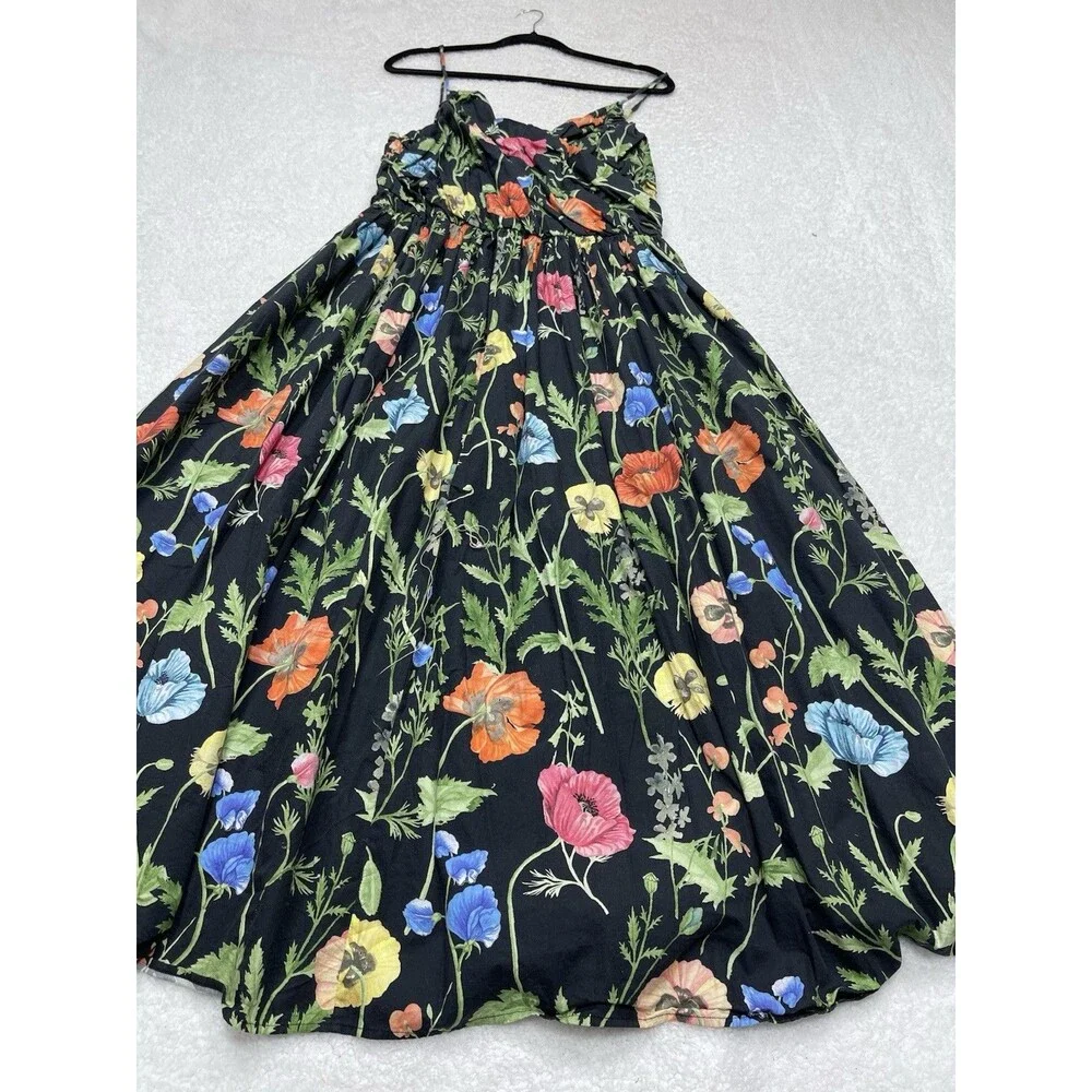 H&M Midi Dress Black Floral Women Cotton Preppy Boho Vacation Retro Large